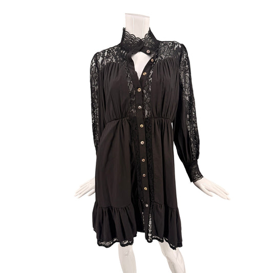 *NO BRAND TAG* Floral Lace Button Front Mini Dress Black Long Sleeve Women's M