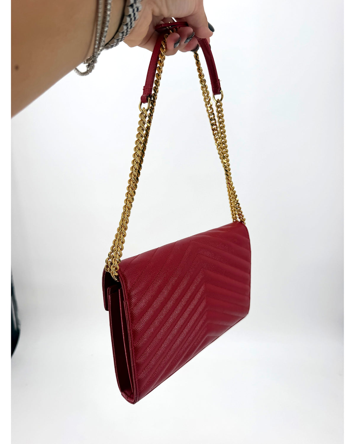 Saint Laurent YSL Matelasse Chevron Red Leather Chain Wallet