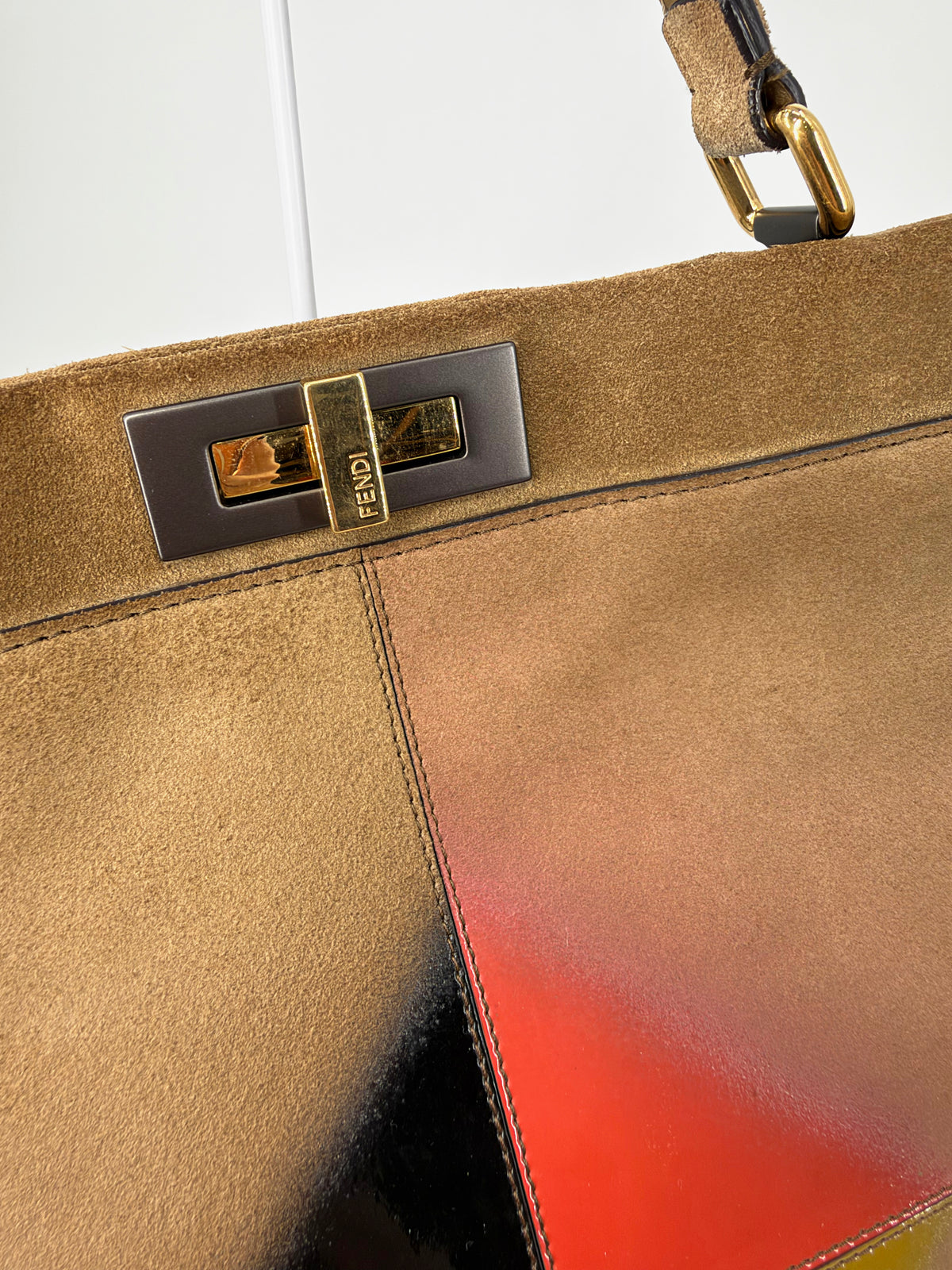 Fendi Peekaboo Large Suede Tan Geometric Color Block Silk Twill