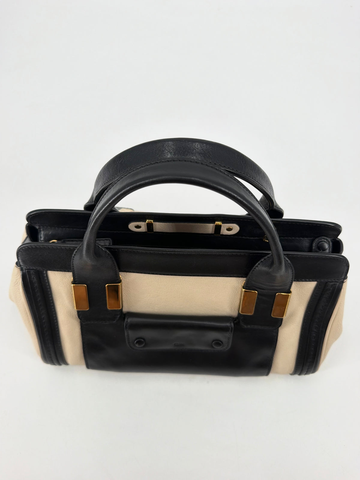 Chloe Alice Satchel Black Off-White Pebbled Leather Gold