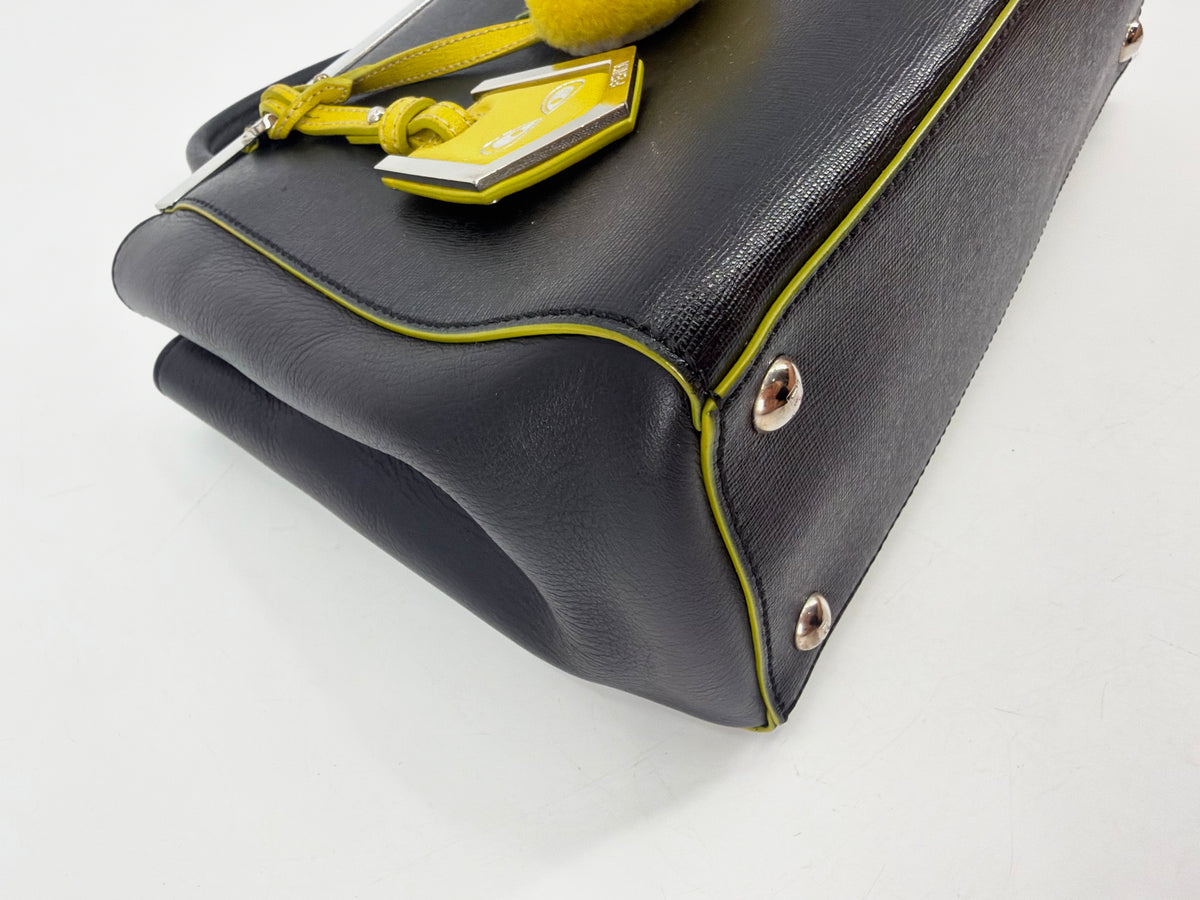 Fendi 2Jours Petite Black Leather Tote Yellow Edge Pom Charm