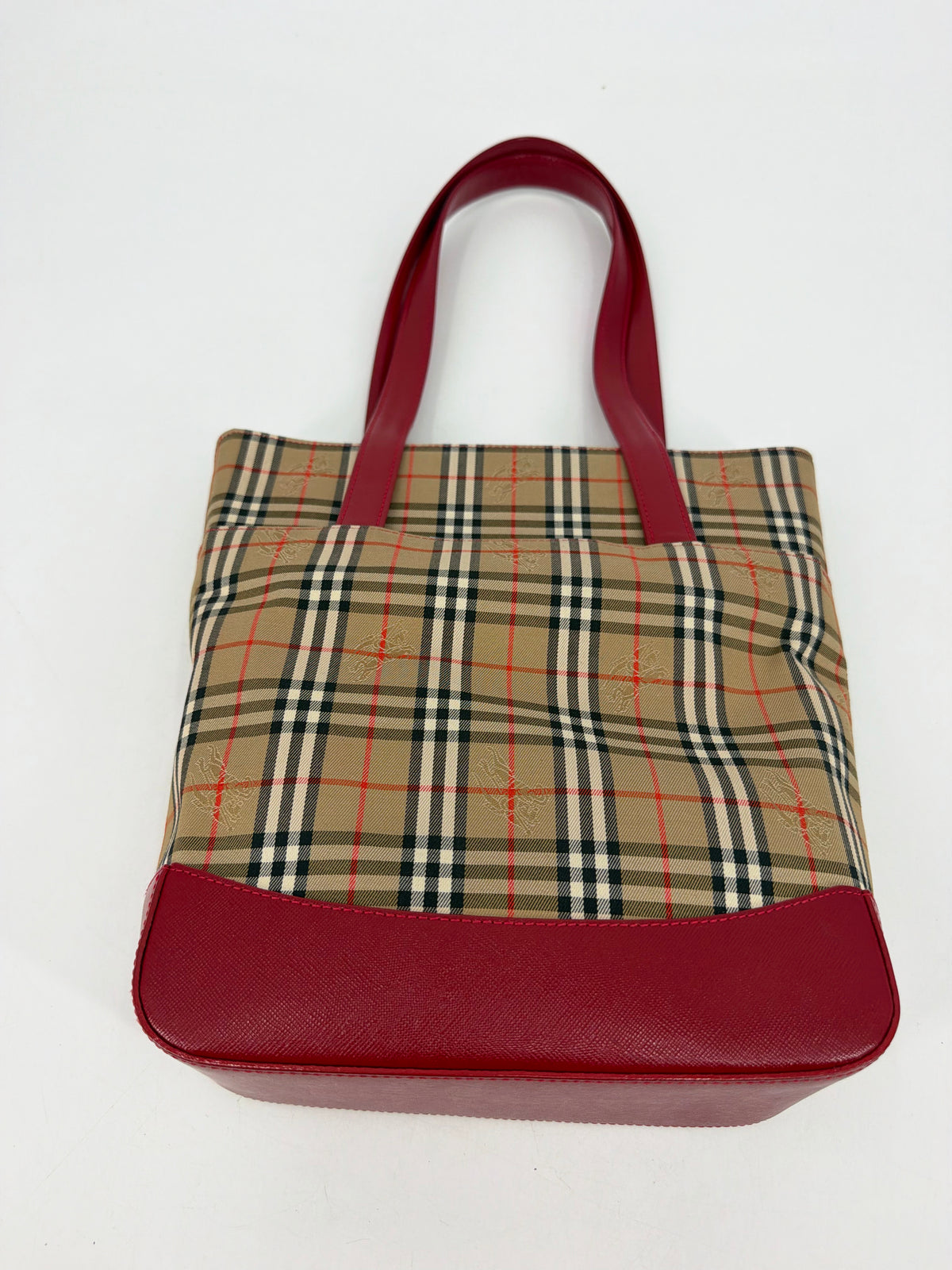 Burberry Nova Check Canvas Red Leather Tote Bag