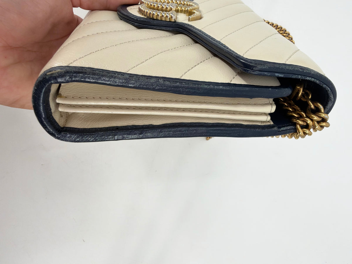 Gucci GG Marmont Torchon White Leather Flap Wallet Navy Trim