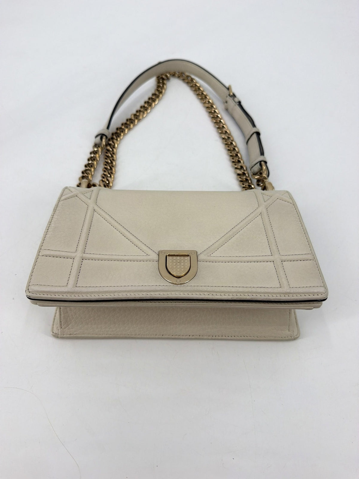 Christian Dior Diorama Medium White Grained Calfskin Chain Flap Bag Gold HW