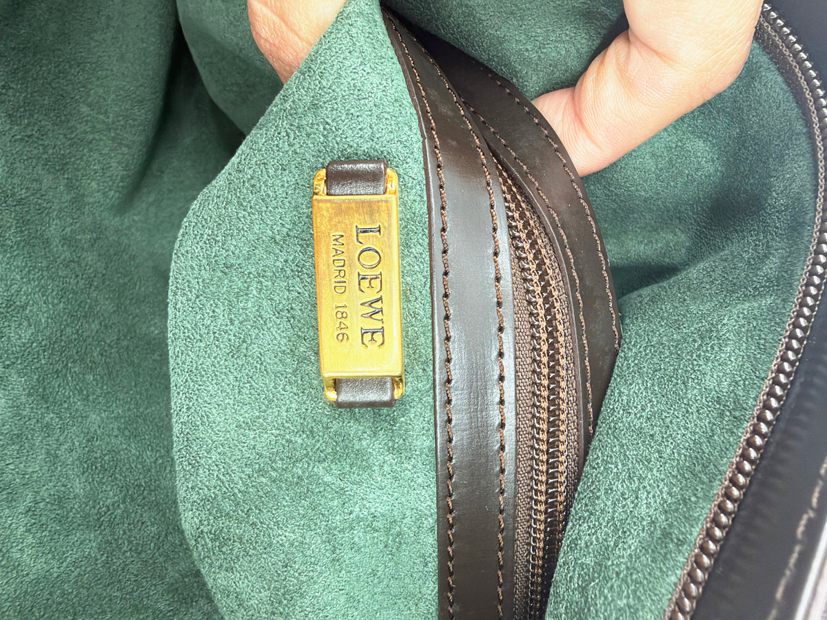 Loewe Vintage Dark Brown Leather Fold-Over Shoulder Bag Gold Plaque