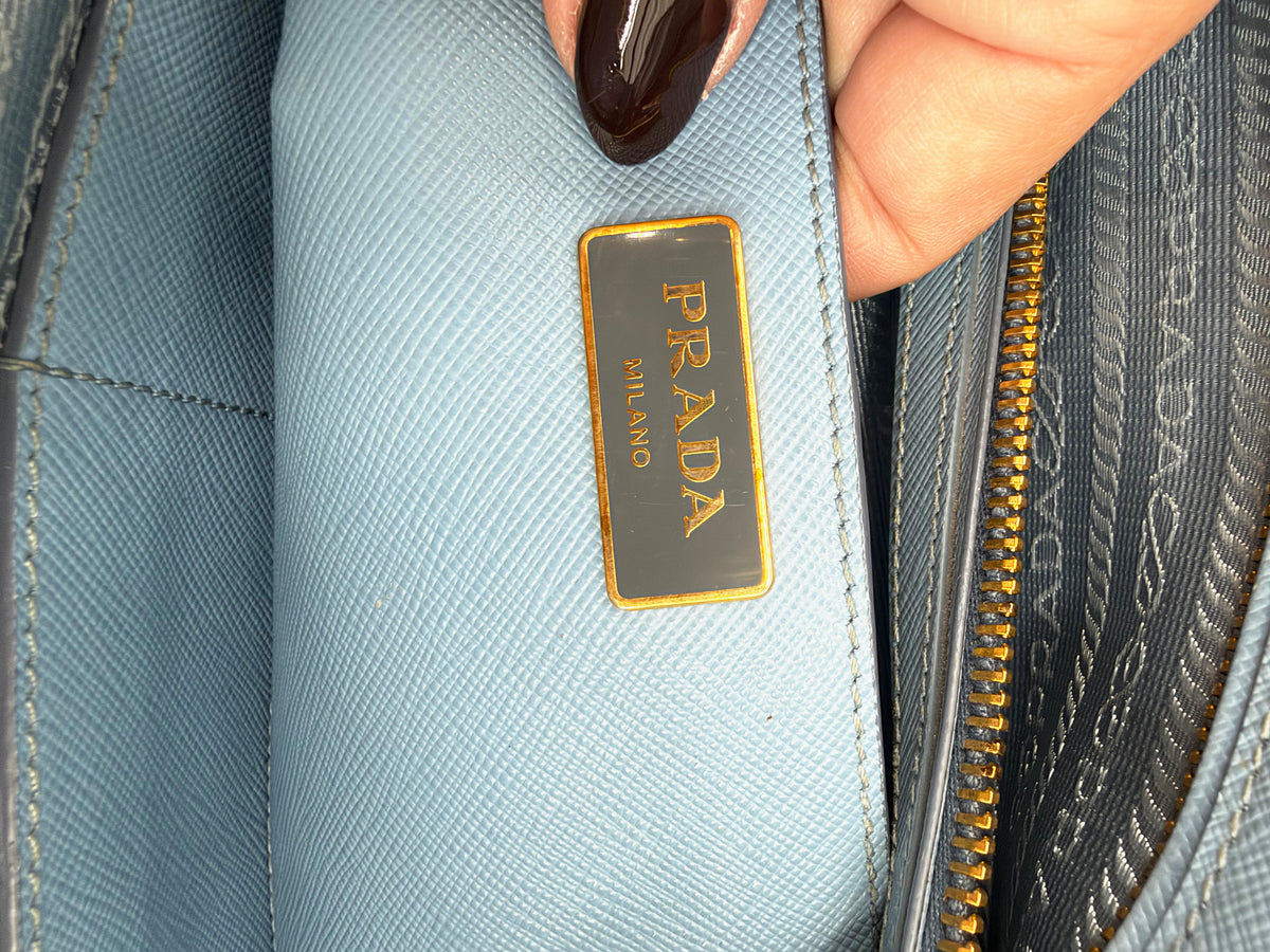 Prada Galleria Saffiano Lux Medium Double Zip Tote Periwinkle Blue Gold Hardware