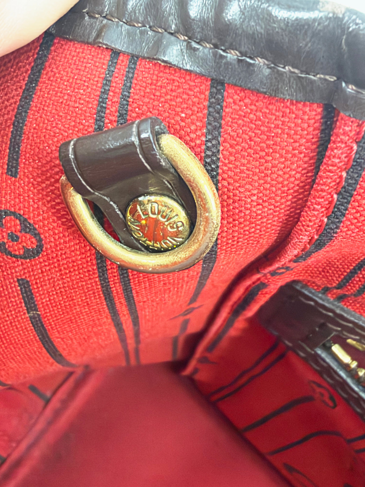 Louis Vuitton Damier Ebene Neverfull PM Tote Red Interior