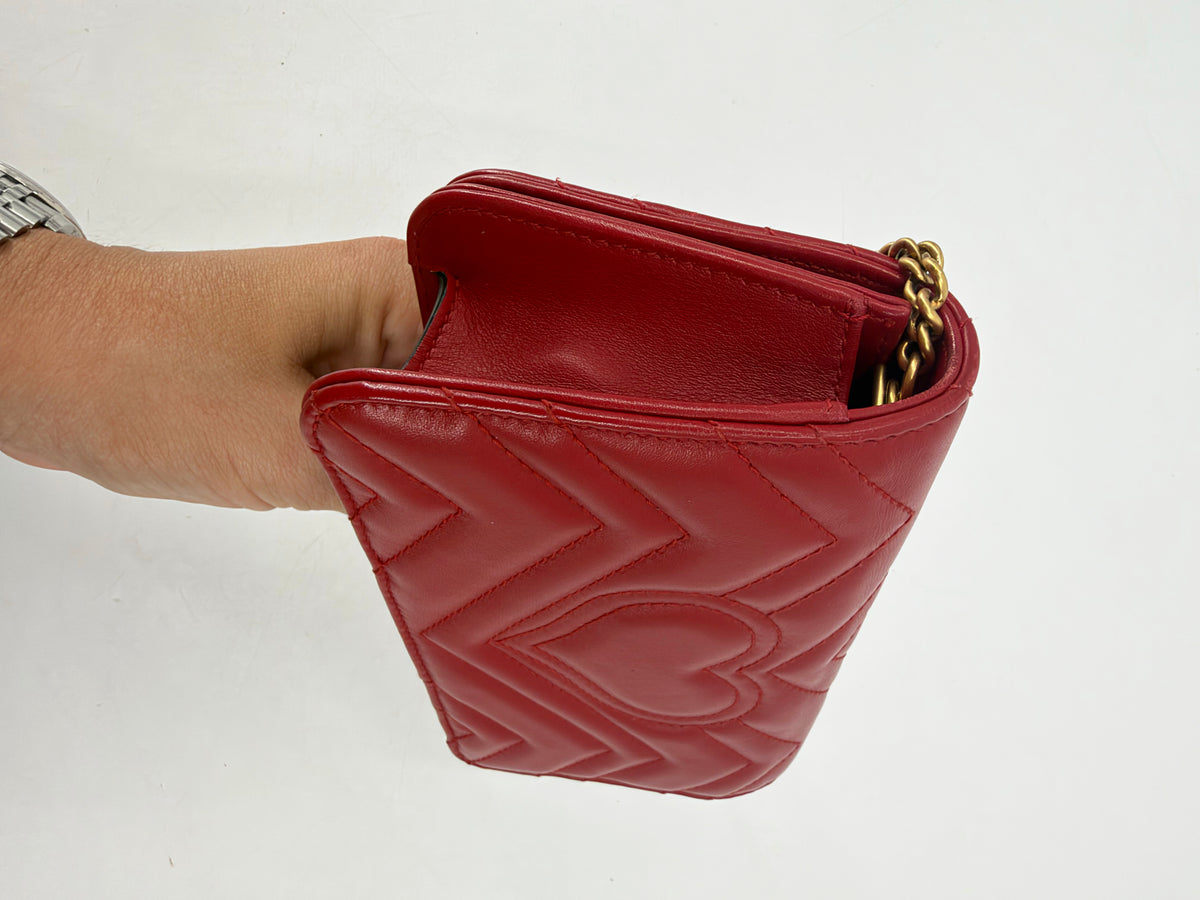 Gucci GG Marmont Matelasse Red Leather Chain Wallet Gold GG