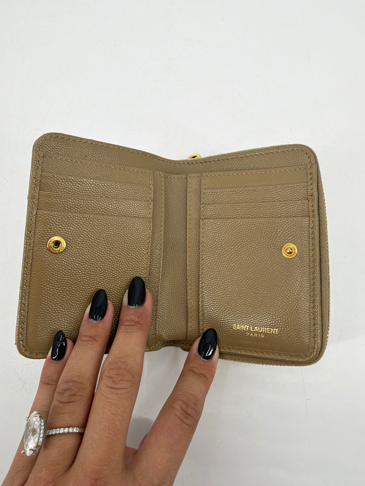 Saint Laurent YSL Monogram Grain de Poudre Compact Wallet Tan Gold Hardware