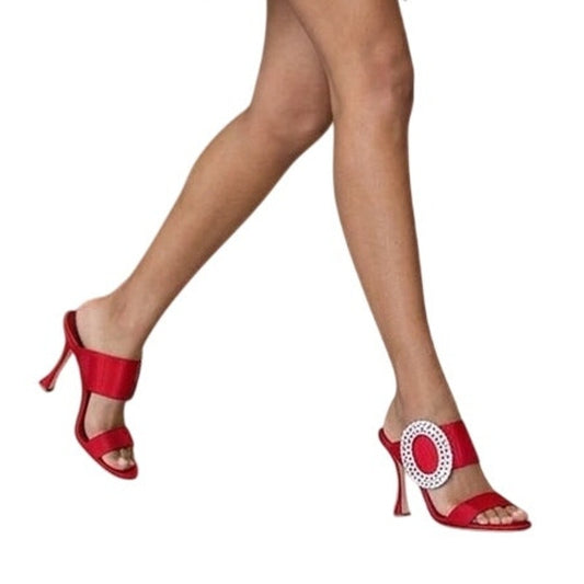 Manolo Blahnik Fibiona Moiré Crystal Buckle Mule Sandals