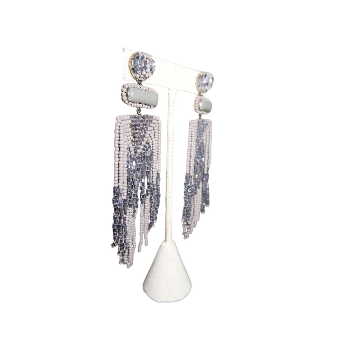 Deepa Gurnani Jody Earrings Light Gray Beaded Chandelier Fringe