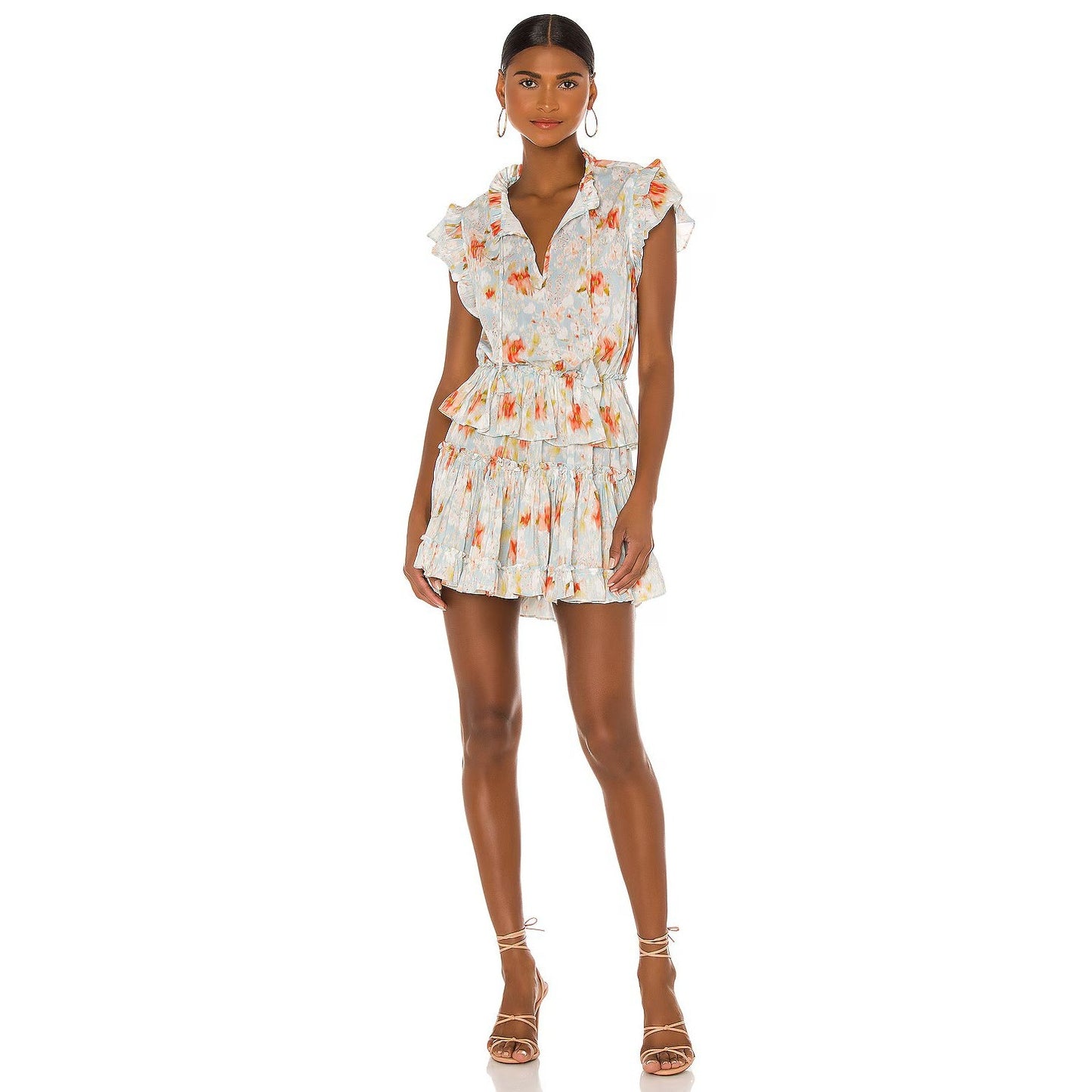 Misa Los Angeles Cotton Blend Ruffle Floral Print Lilian Mini Dress Blue Size S