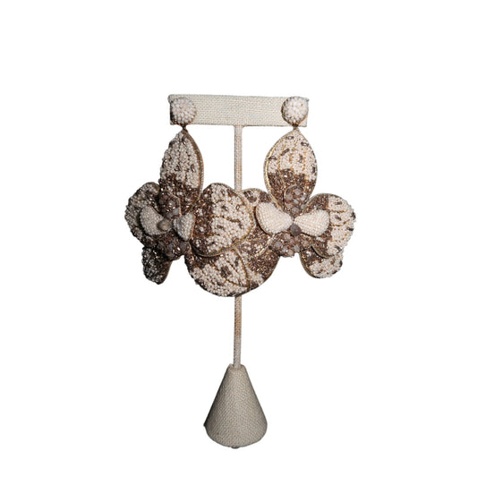Deepa Gurnani Flower Beaded Dangle Earrings Ivory Gold Bronze Statement