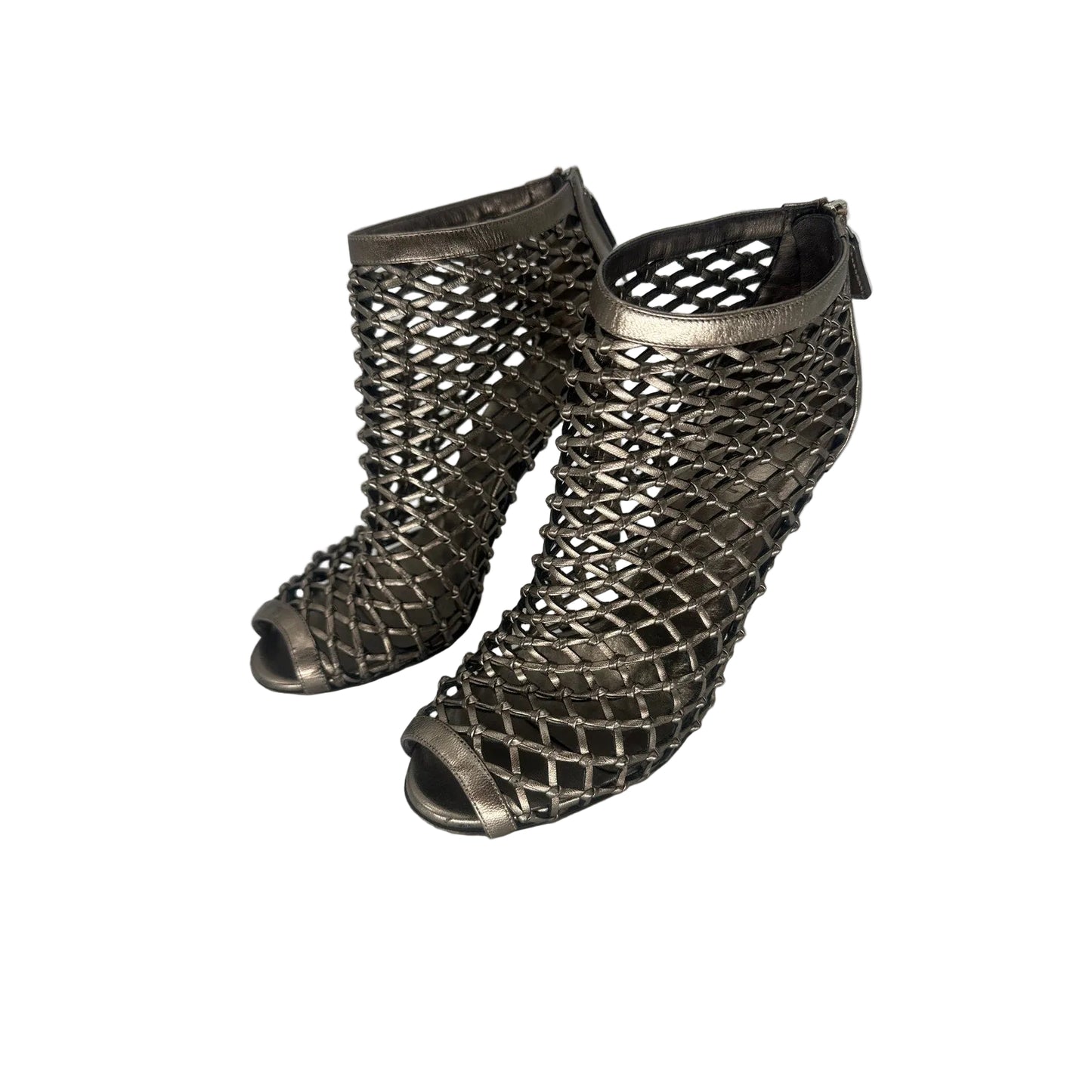 Gucci Leather Metallic Mesh Cage Peep Toe Booties Boots