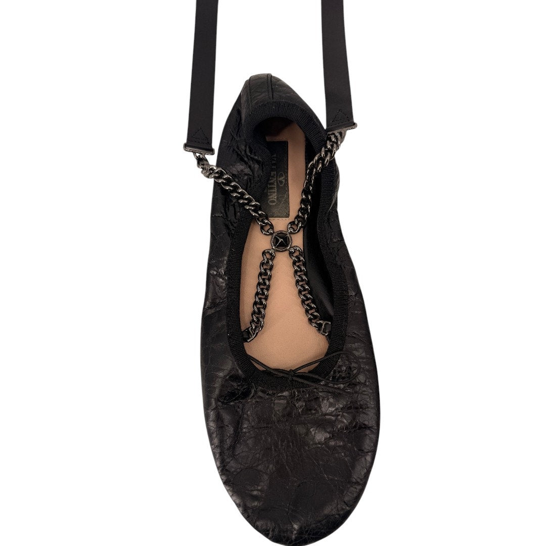 Valentino Garavani Black Chain Wrap Leather Ballet Flats