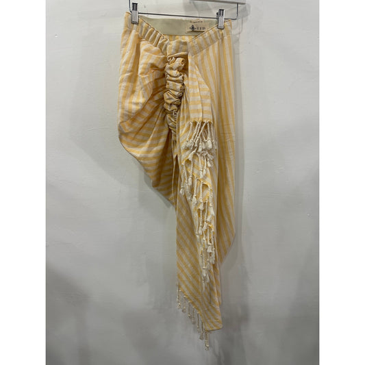 Just Bee Queen Tulum High-Low Sarong Fringe Asymmetrical Stripes Yellow Skirt S