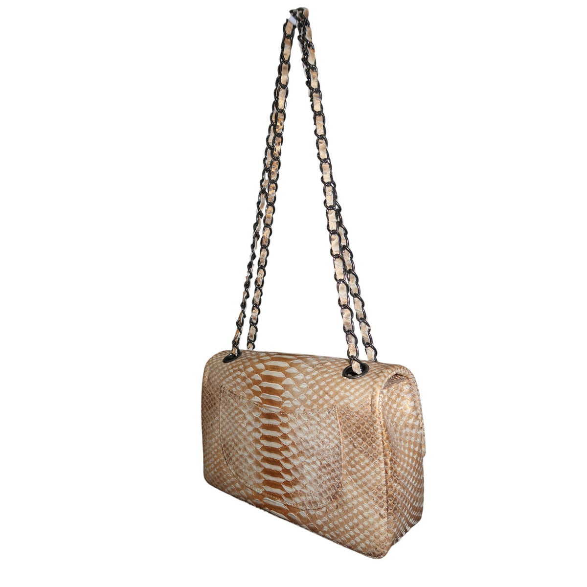 Toya Tan Gold Cream Python Snake Skin Designer Chain Shoulder Bag