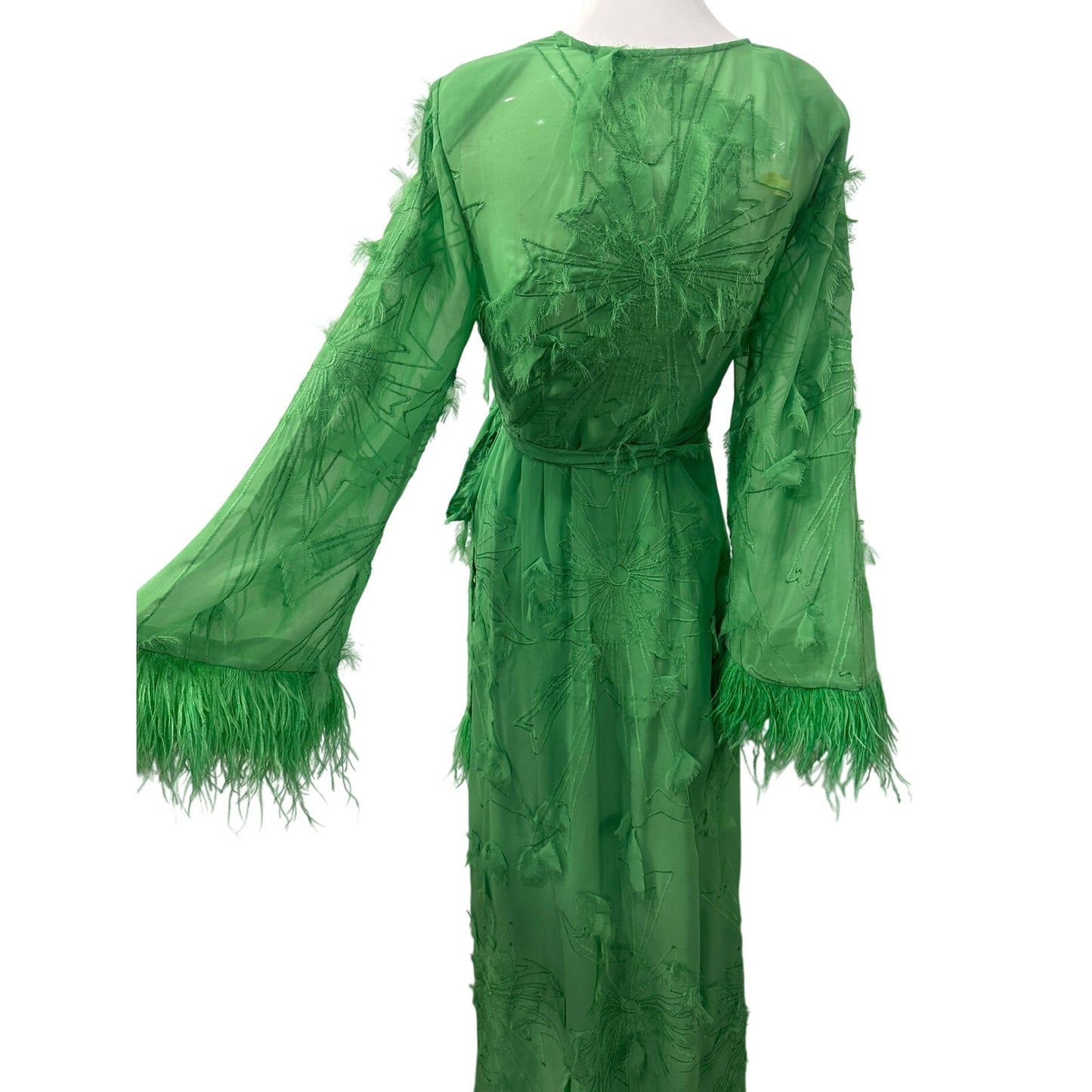 Alexis Kalin Feather Trim Long Sleeve Wrap Maxi Dress Green Women's Size S