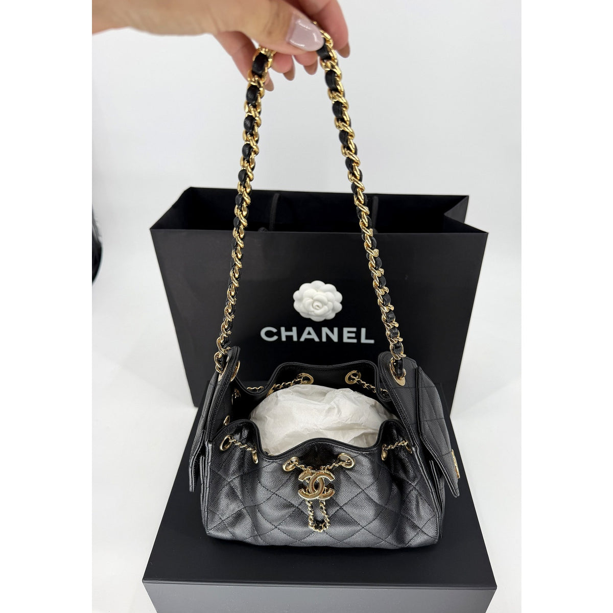 Chanel 25 Mini Black Caviar Gold Hardware Hobo Bag 26B AS5631 New Full Set