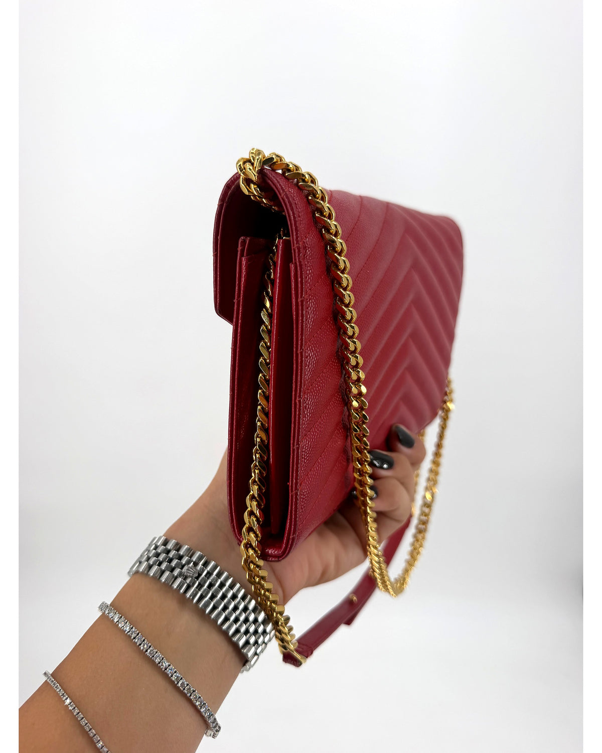 Saint Laurent YSL Matelasse Chevron Red Leather Chain Wallet