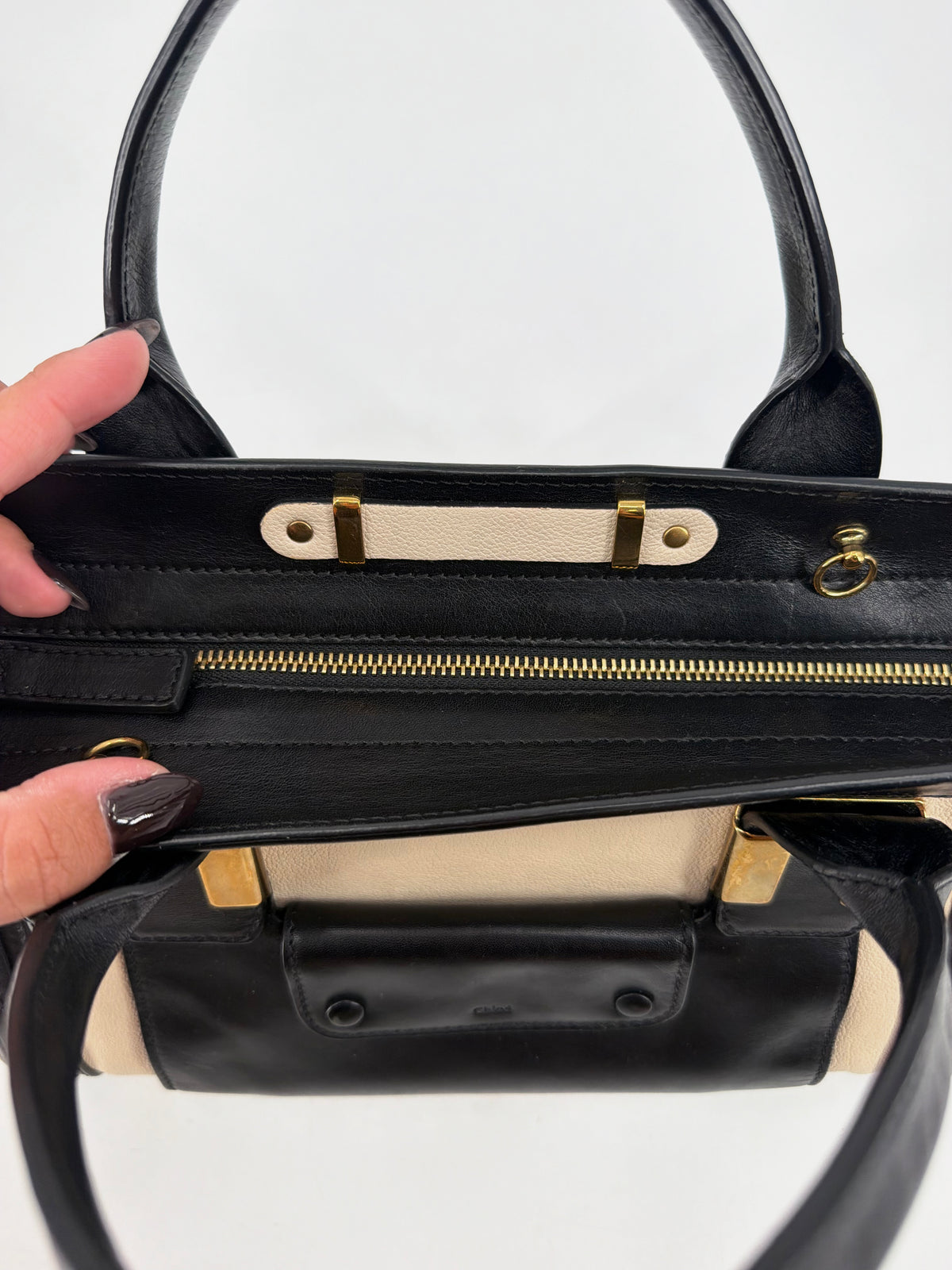 Chloe Alice Satchel Black Off-White Pebbled Leather Gold