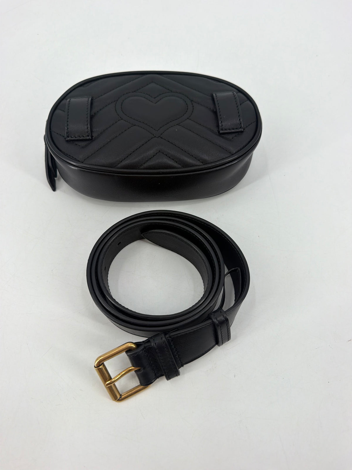 Gucci GG Marmont Matelasse Black Leather Belt Bag Gold GG