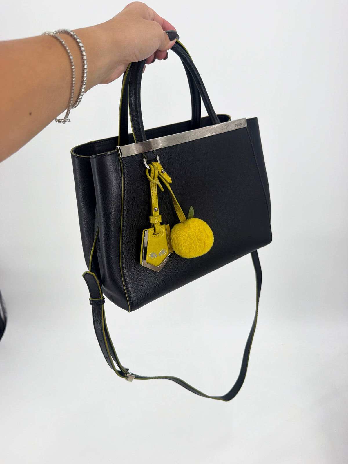 Fendi 2Jours Petite Black Leather Tote Yellow Edge Pom Charm