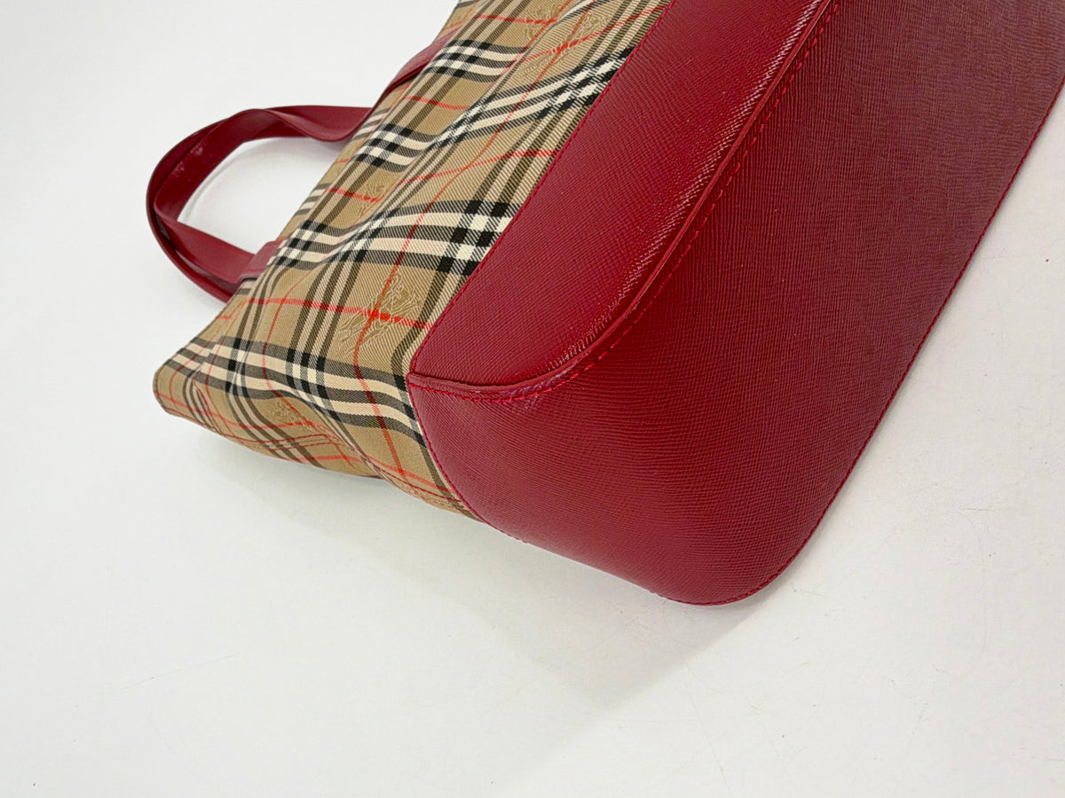Burberry Nova Check Canvas Red Leather Tote Bag