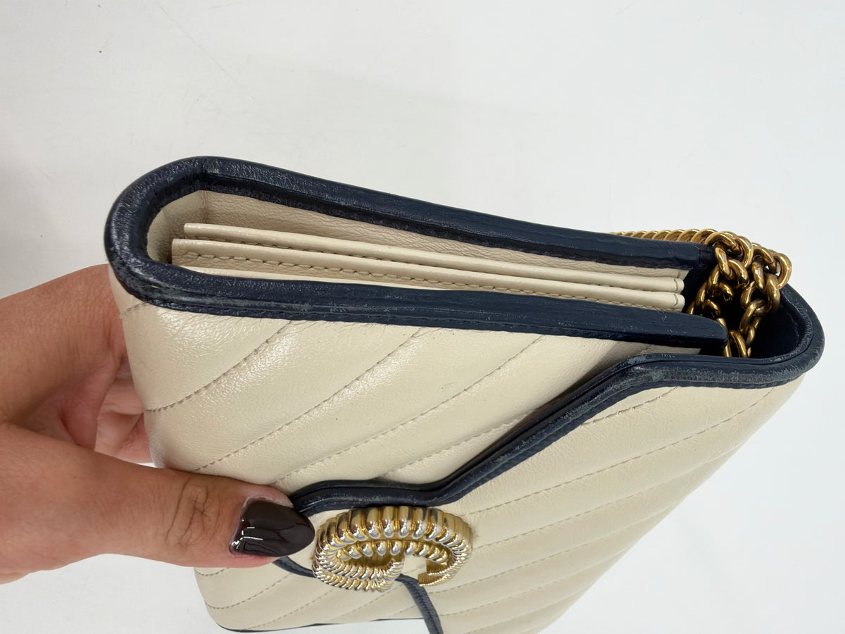 Gucci GG Marmont Torchon White Leather Flap Wallet Navy Trim