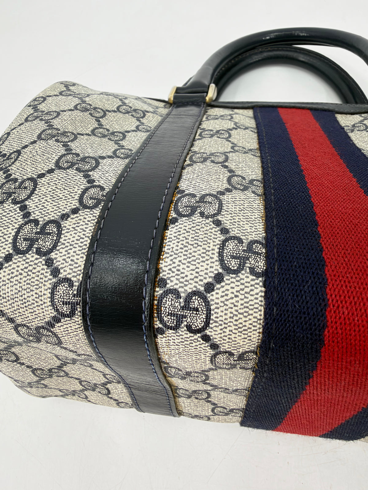 Gucci Vintage GG Supreme Web Stripe Boston Bag Navy Blue Red