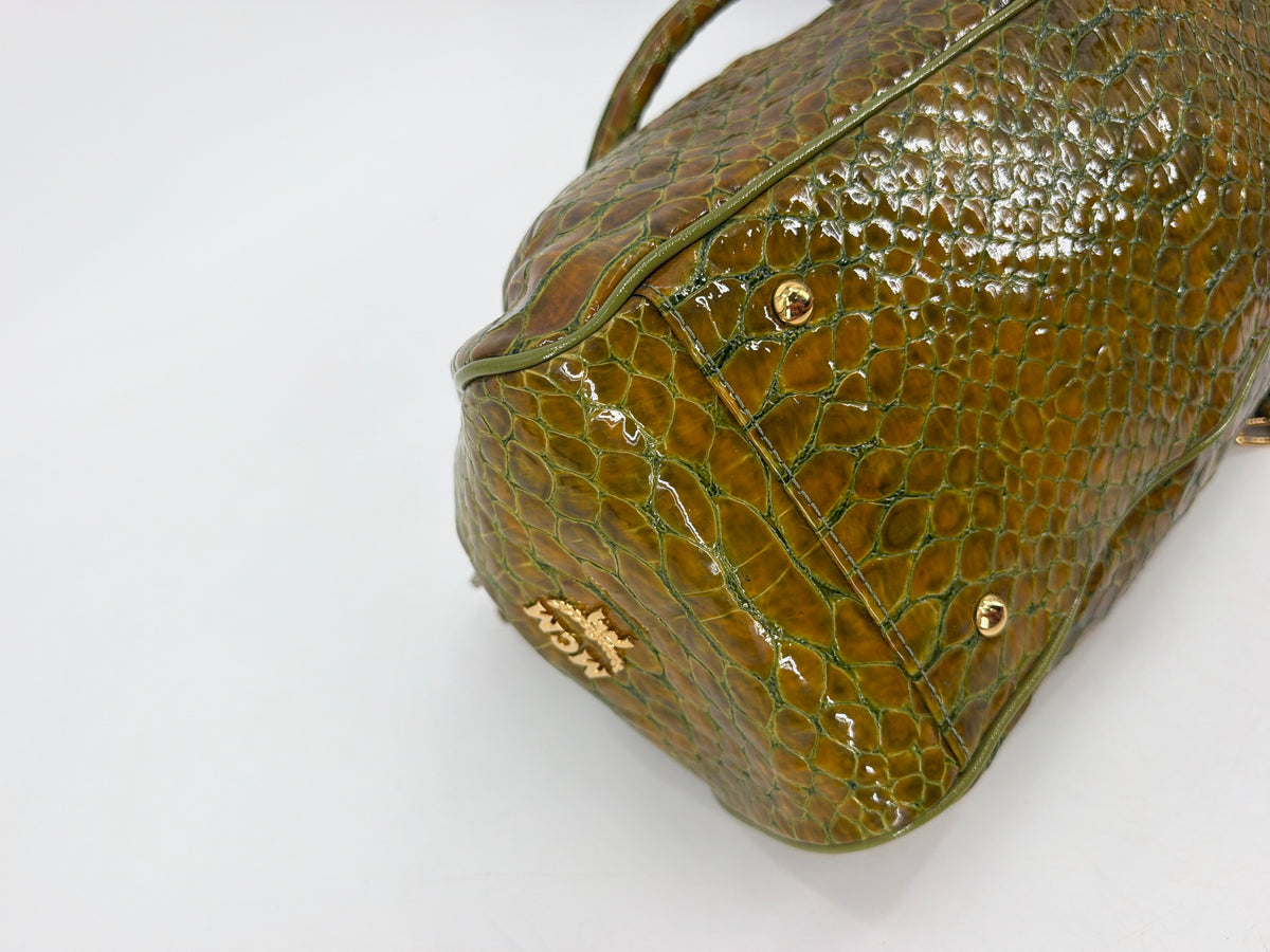 MCM Patent Croc Embossed Leather Top Handle Satchel Olive Green Gold Chain