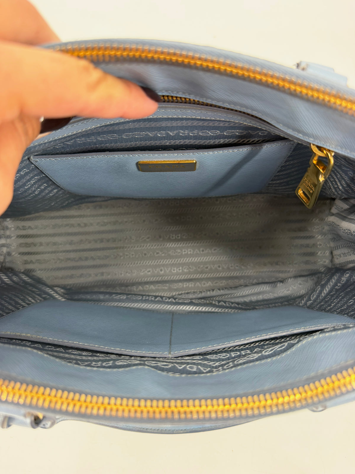 Prada Galleria Saffiano Lux Medium Double Zip Tote Periwinkle Blue Gold Hardware