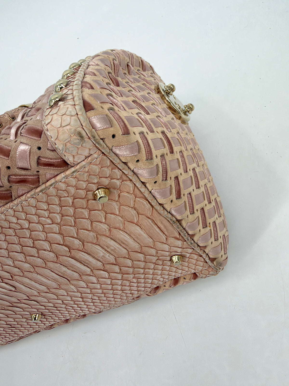 Versace Pink Woven Leather Studded Boston Satchel Python-Effect Trim Gold Logo Plaque