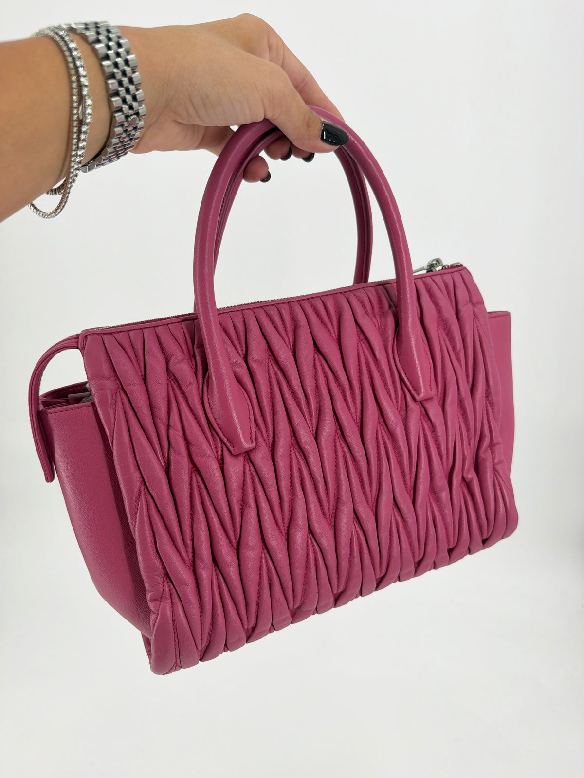 Miu Miu Matelasse Pink Leather Double Handle Tote Bag