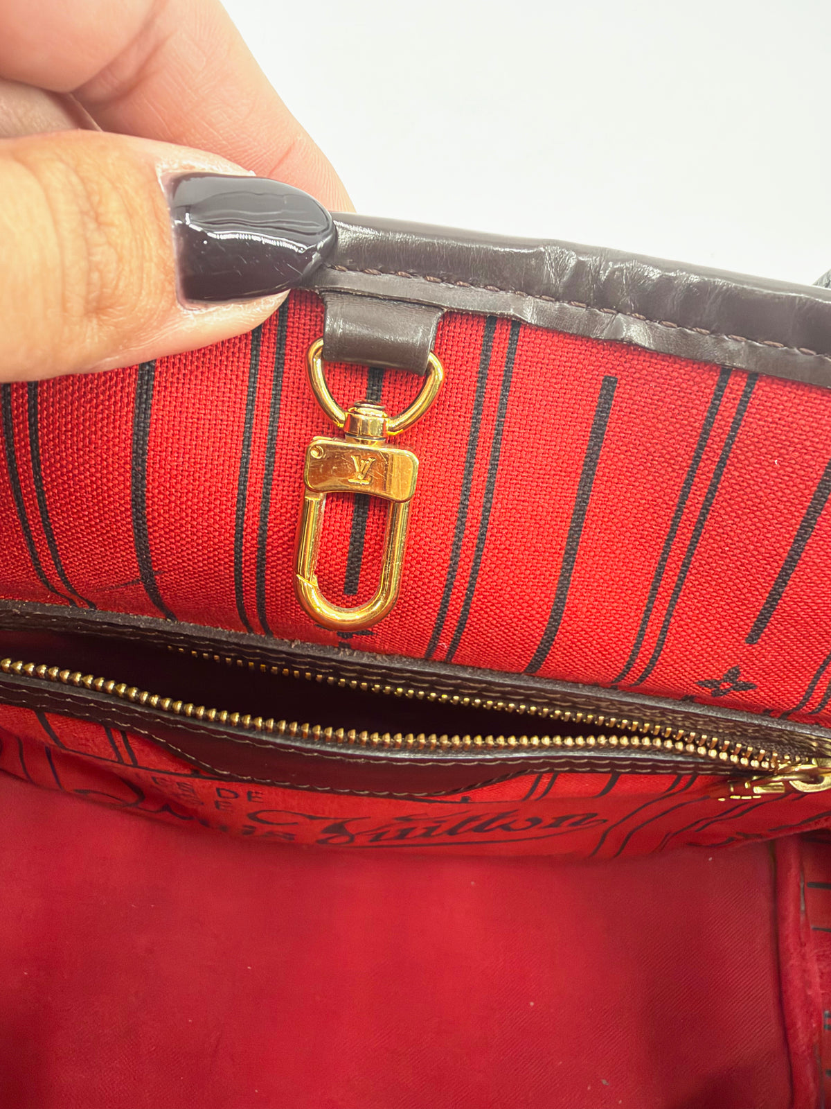 Louis Vuitton Damier Ebene Neverfull PM Tote Red Interior