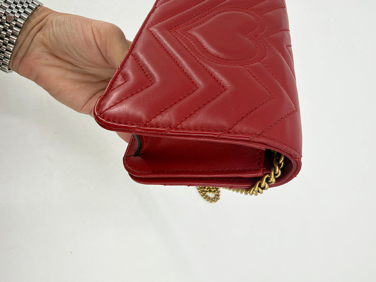 Gucci GG Marmont Matelasse Red Leather Chain Wallet Gold GG