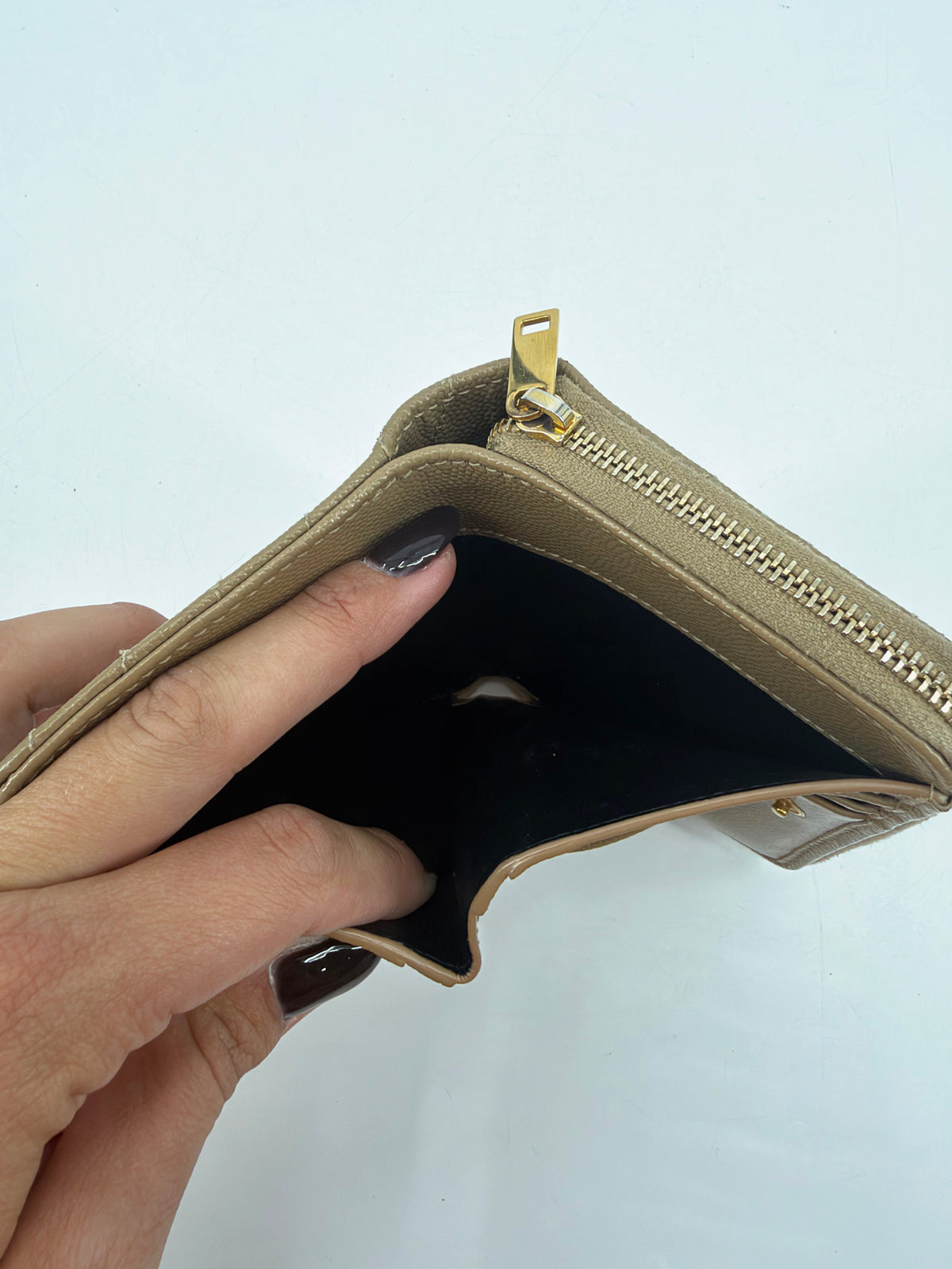 Saint Laurent YSL Monogram Grain de Poudre Compact Wallet Tan Gold Hardware