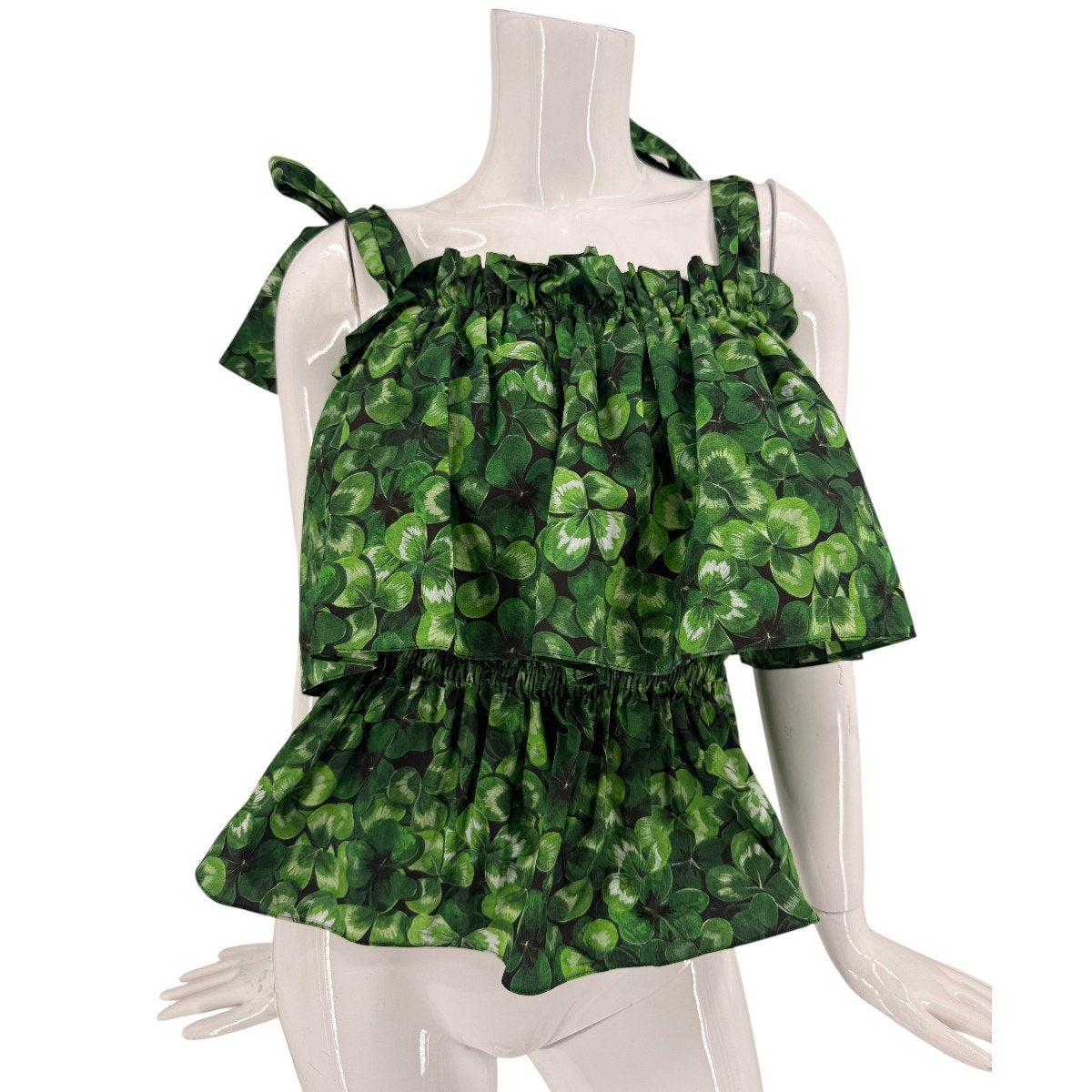 Dolce & Gabbana Cotton Clover Print Ruffle Peplum Top Green IT 36 / US XS