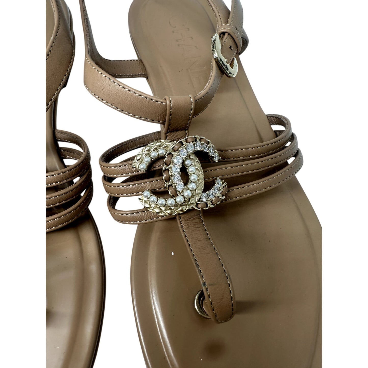 Chanel Leather Interlocking CC Logo Strappy Thong Sandals
