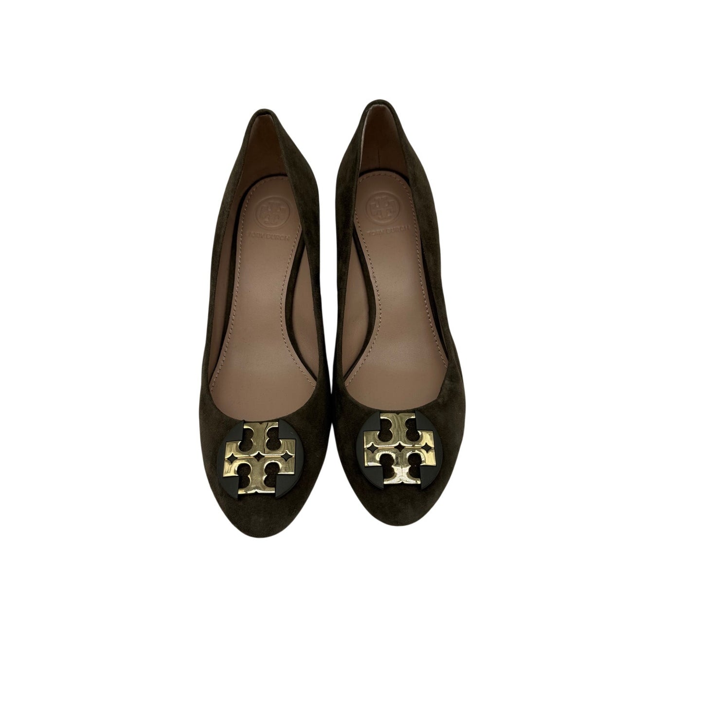 Tory Burch Suede Logo Accent Slip On Wedge Pumps