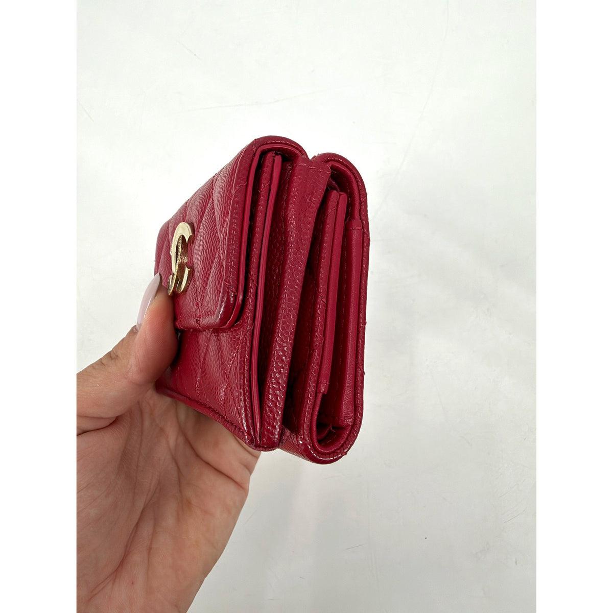 Chanel Red Caviar Quilted Compact Flap Wallet Crystal CC Gold Hardware