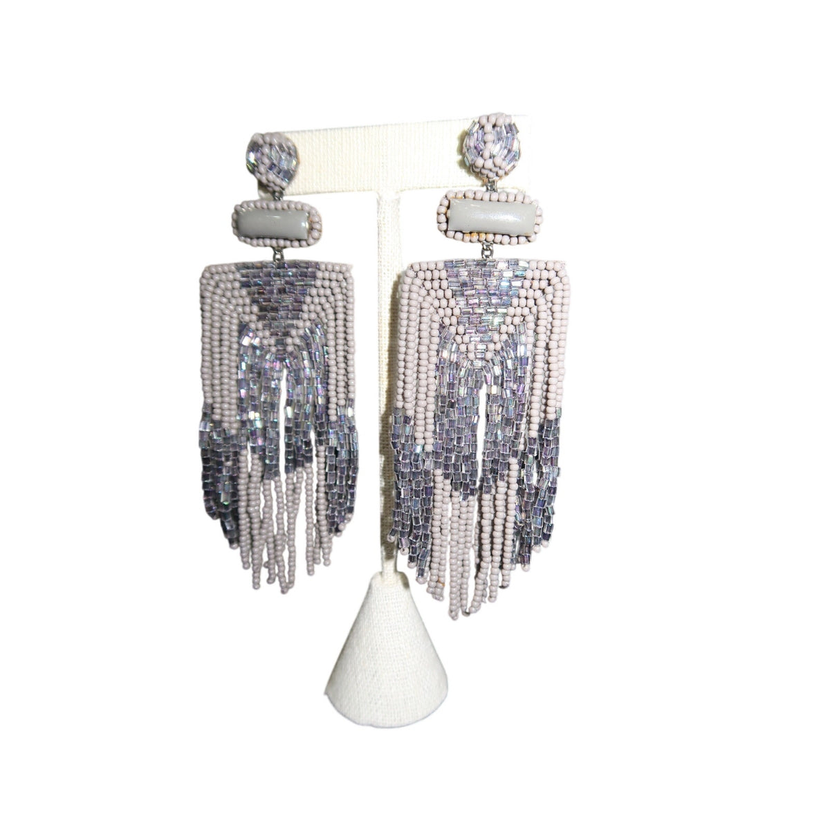 Deepa Gurnani Jody Earrings Light Gray Beaded Chandelier Fringe