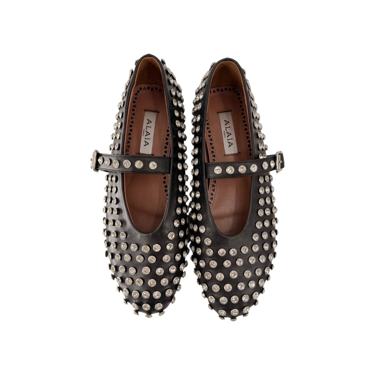 ALAÏA Black Leather Crystal Embellished Mary Jane Ballet Flats