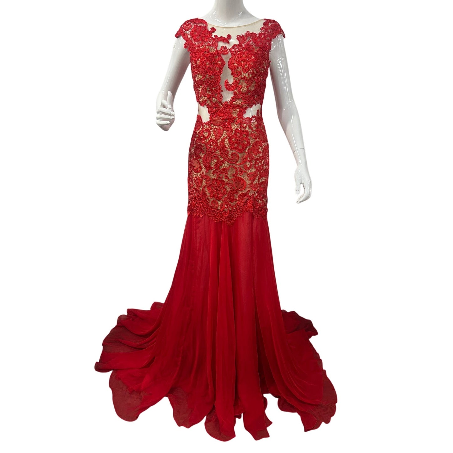 Mac Duggal Floral Lace Illusion Mermaid Evening Gown Red Women's Size 4