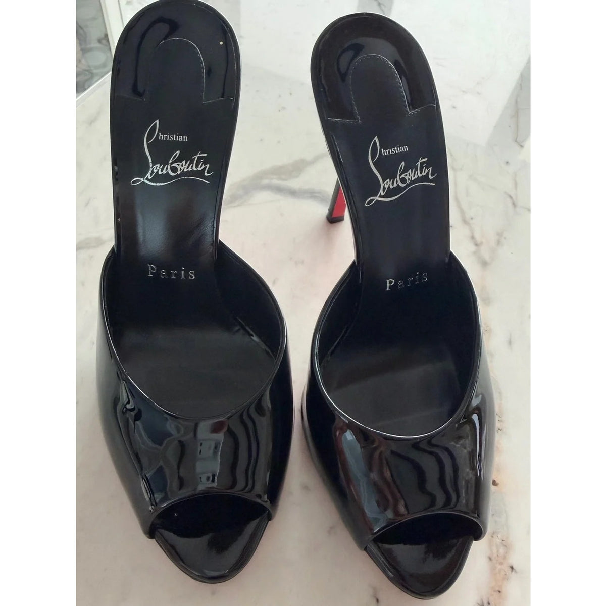 Christian Louboutin Me Dolly 100 Black Patent Peep Toe Mule Heels Size 37