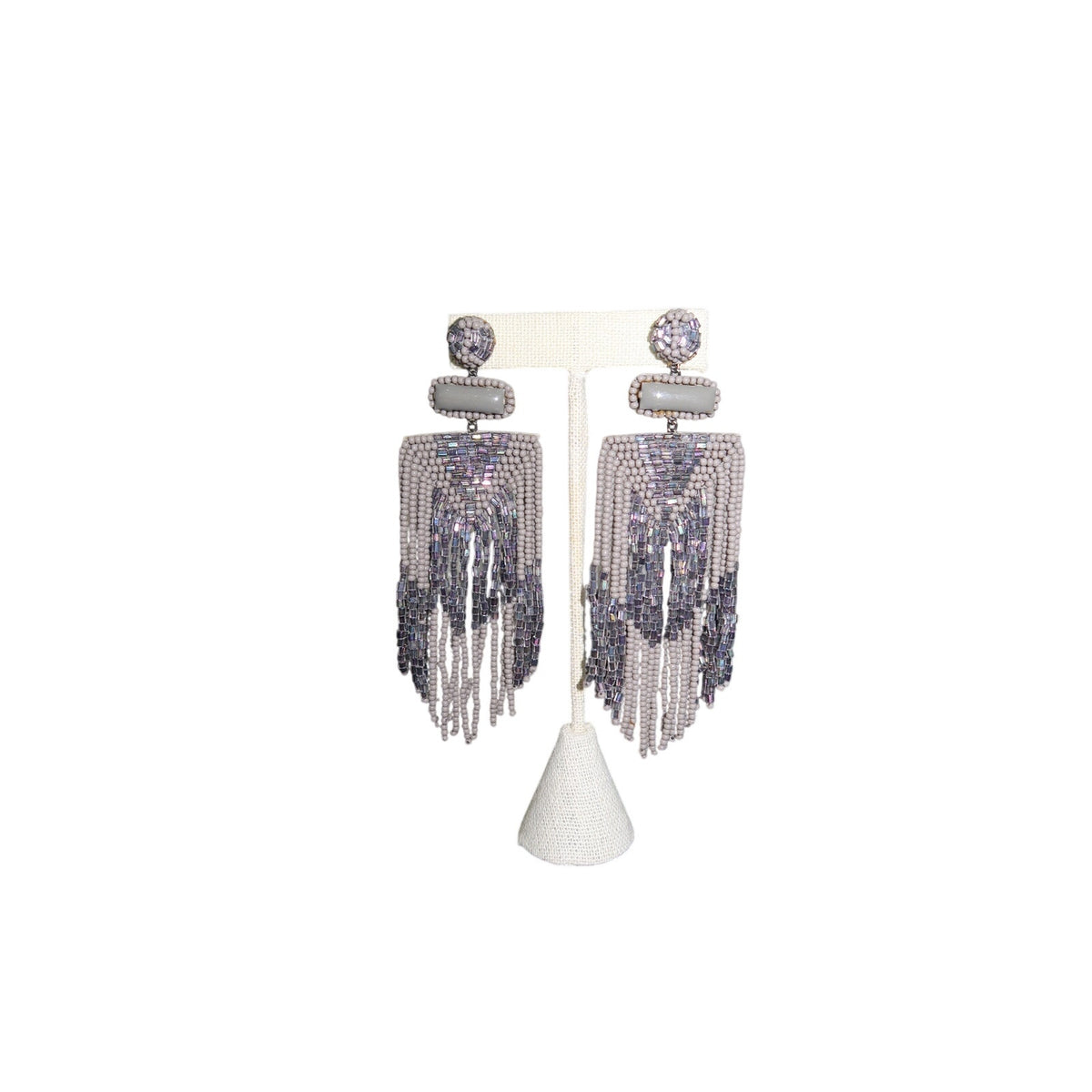 Deepa Gurnani Jody Earrings Light Gray Beaded Chandelier Fringe
