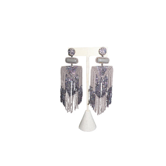 Deepa Gurnani Jody Earrings Light Gray Beaded Chandelier Fringe