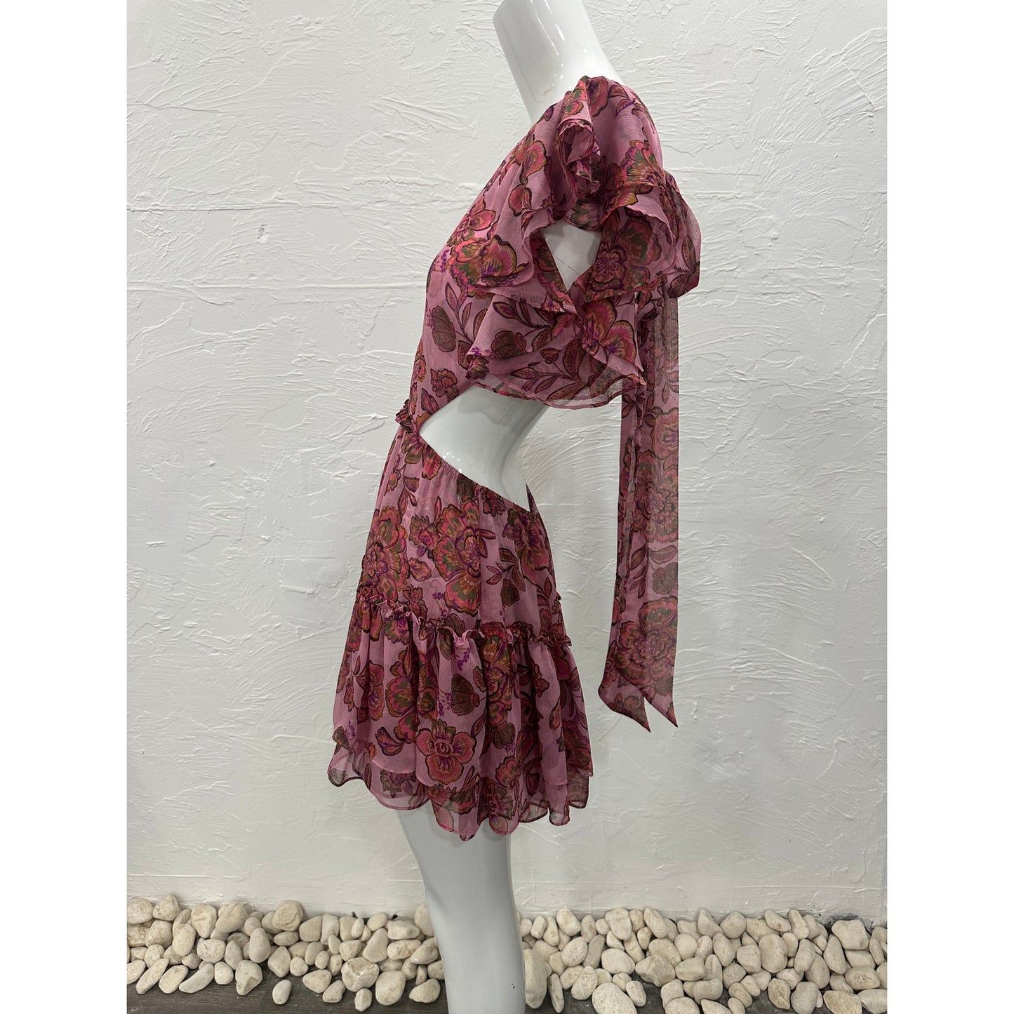 Misa Los Angeles Chiffon Floral Ruffle Pleated Shahdi Mini Dress Pink Size S