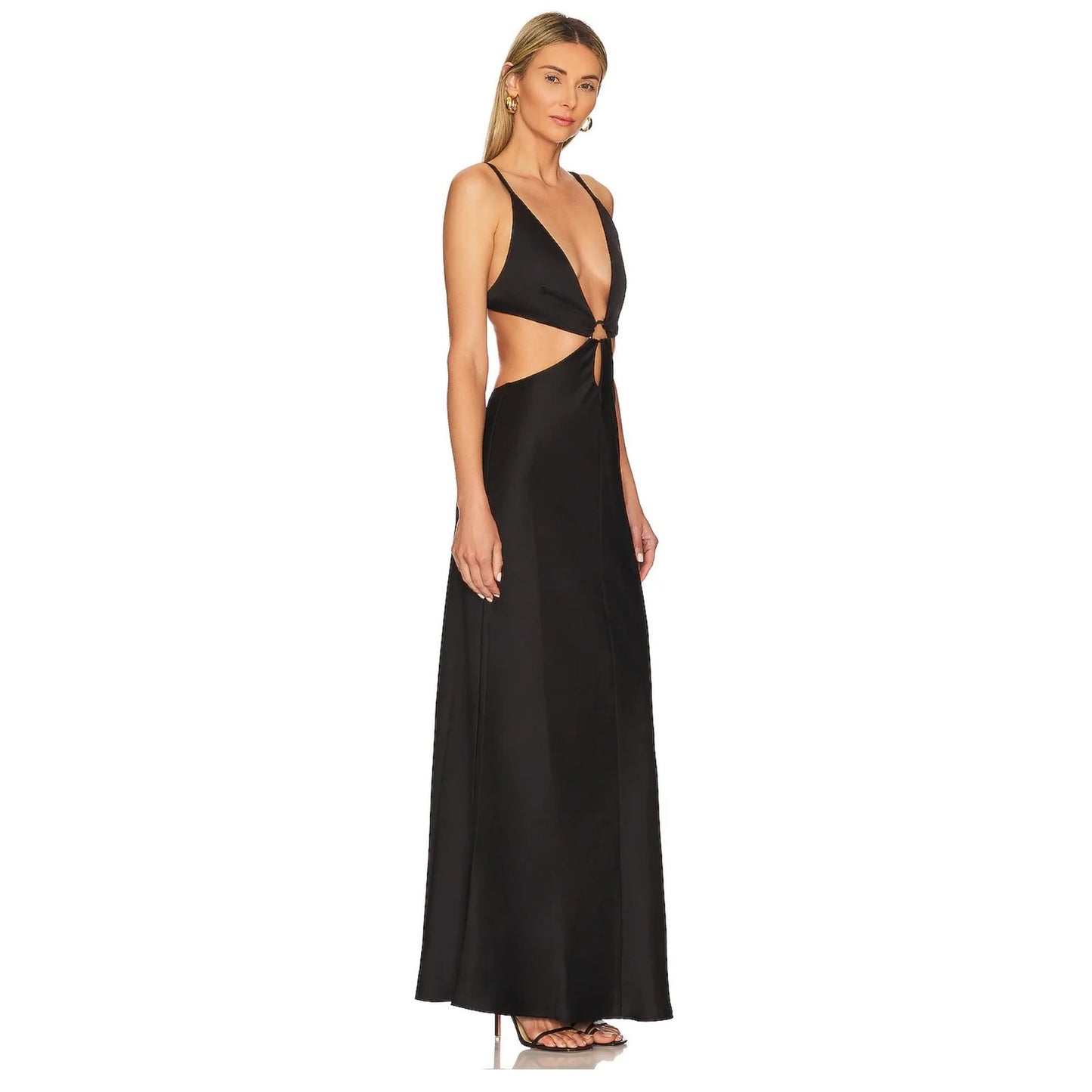 Bec + Bridges Black Satin Cut-Out Ring Accent Felix V-Neck Maxi Dress