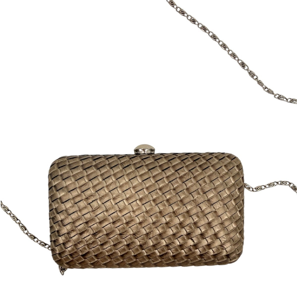 Woven Metallic Box Clutch Bag Taupe Bronze Push Clasp Silver Chain Evening Purse